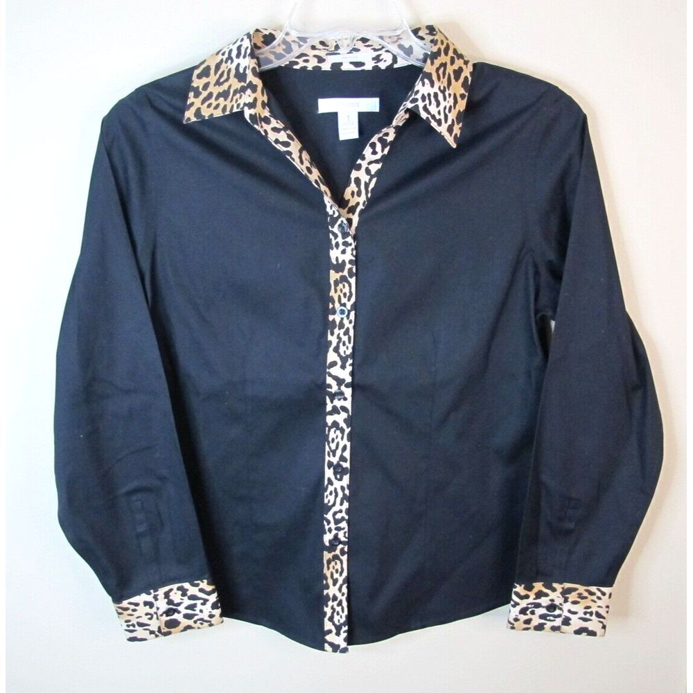 Chico's Women's Size 1 Black Long Sleeve Button Down Cotton Blouse Leopard Trim